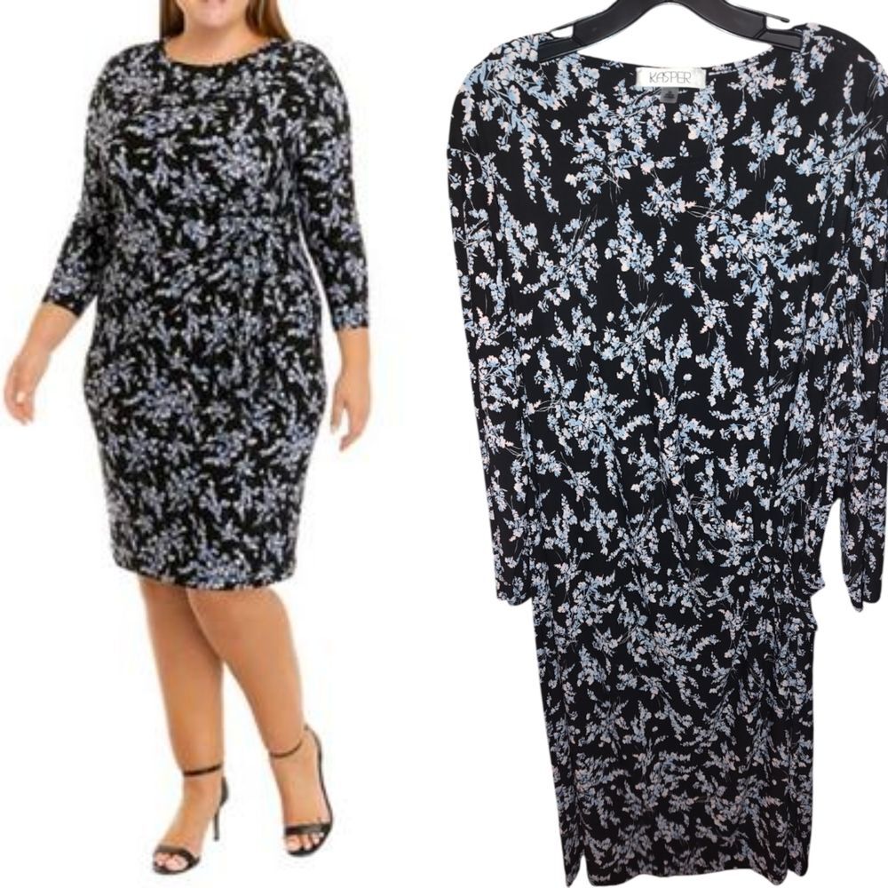 Kasper Black and White Floral Long Sleeve Dress
